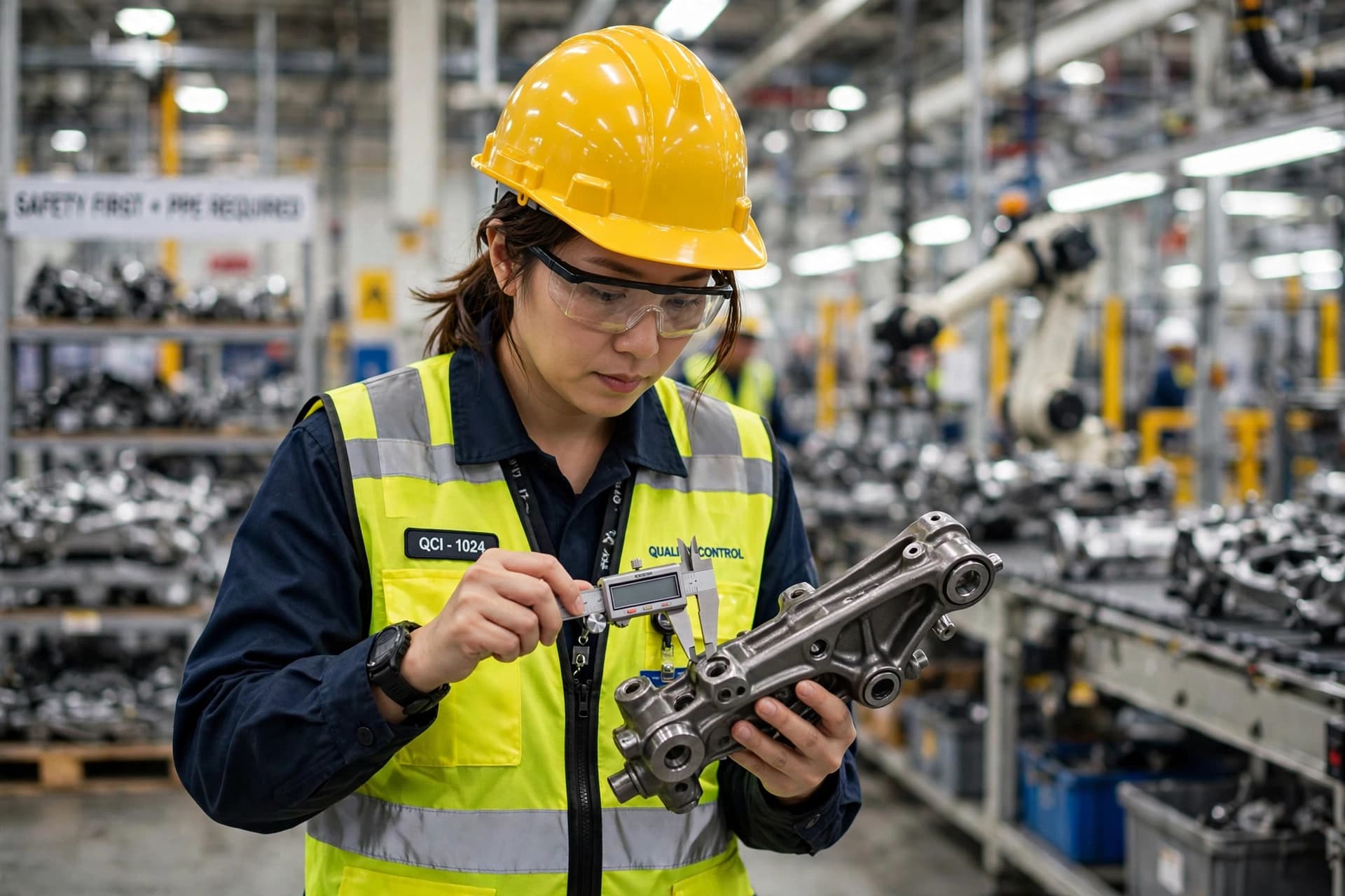 Quality control inspector examining an automotive part in a factory